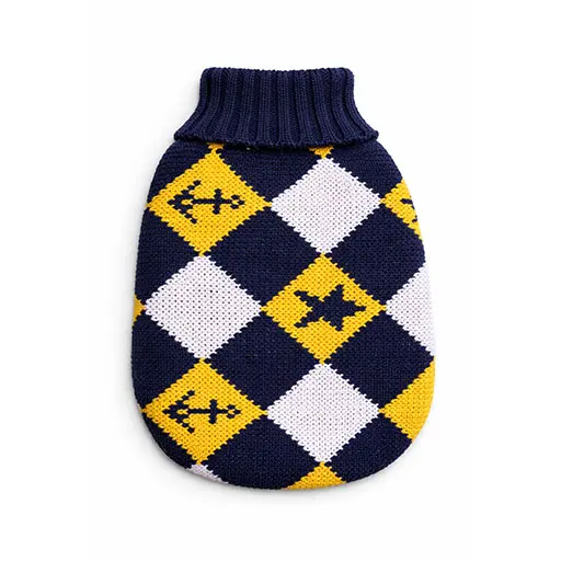 Argyle Knit Dog Sweater – Navy Blue, Mustard Yellow & White
