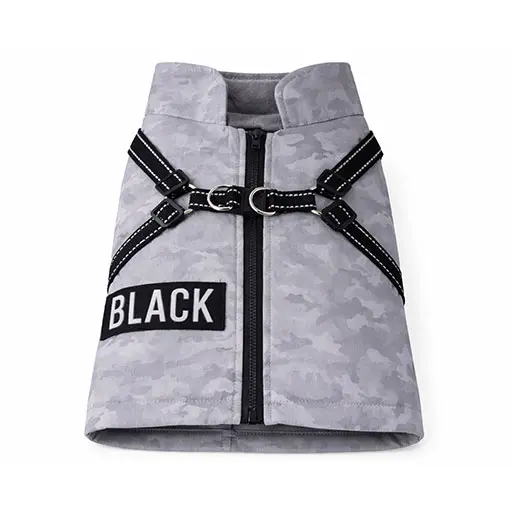 Camouflage Dog Jacket with Built-in Harness || Grey
