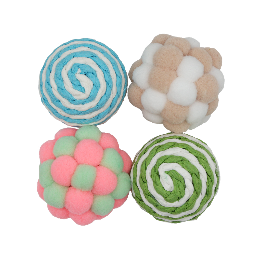 BB cat toy set of 4 string and plush balls