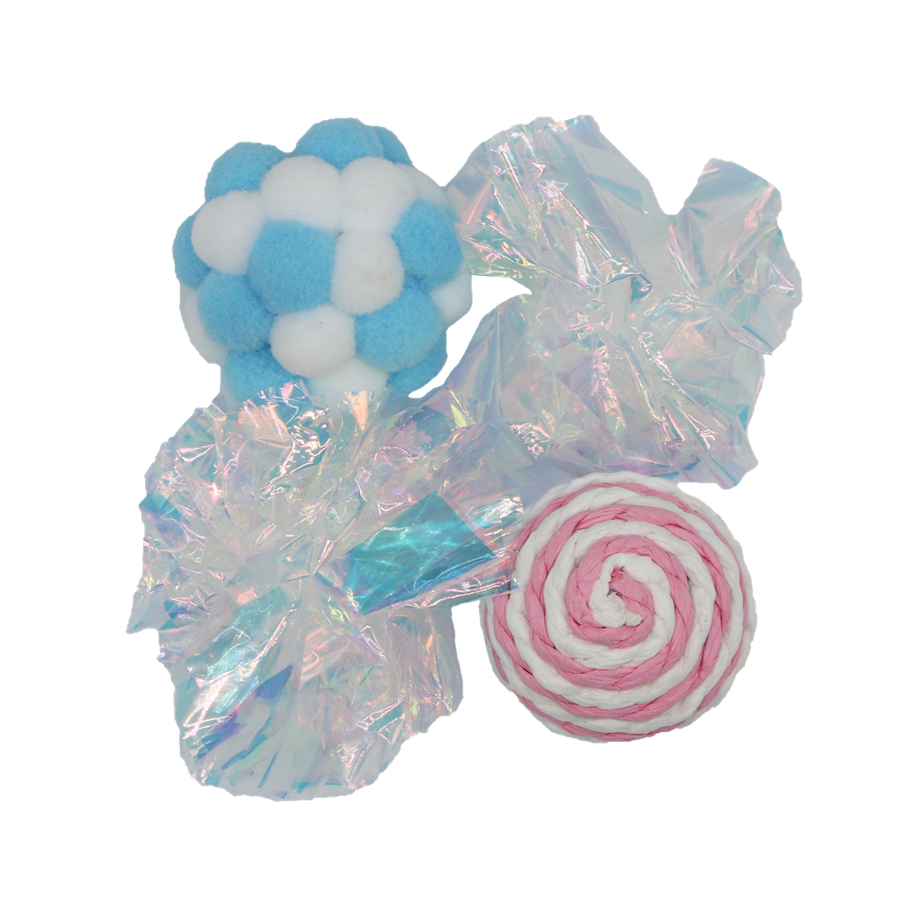 BB cat toy set of 4 plush, string and rustling balls
