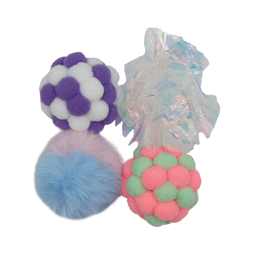 BB cat toy set of 4 plush and rustling balls