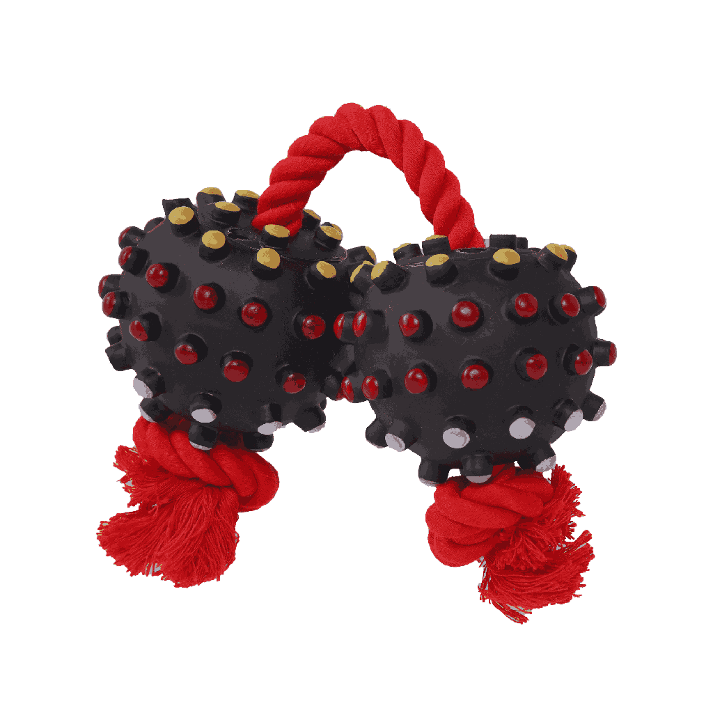 BB dog toy two balls with spikes on a string 35cm