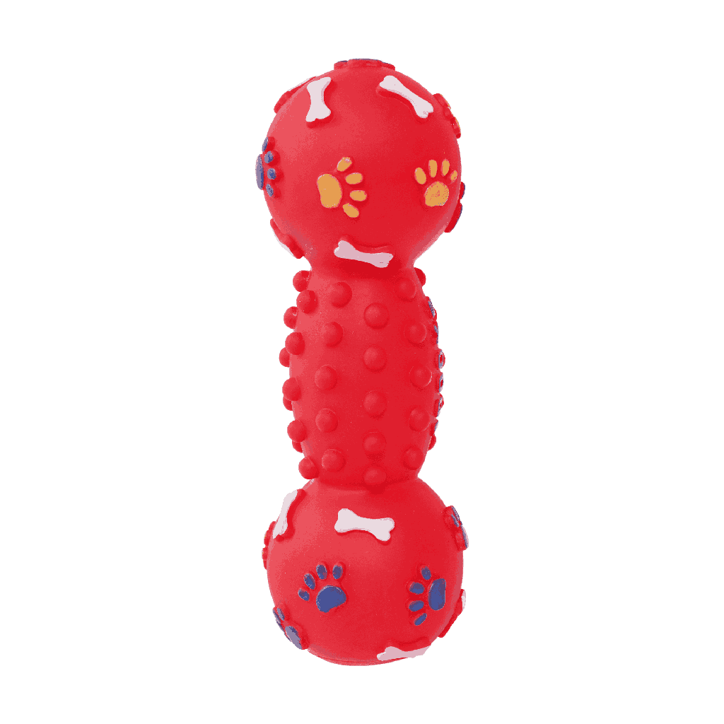 BB dog toy dumbbell in paws with a squeaker 14cm red