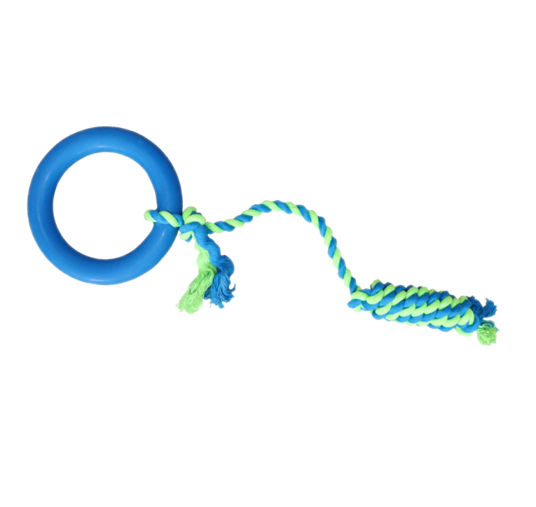 Dog toy rubber ringo on a string vanilla scent 45cm ( Blue, Orange, Yellow, Red)
