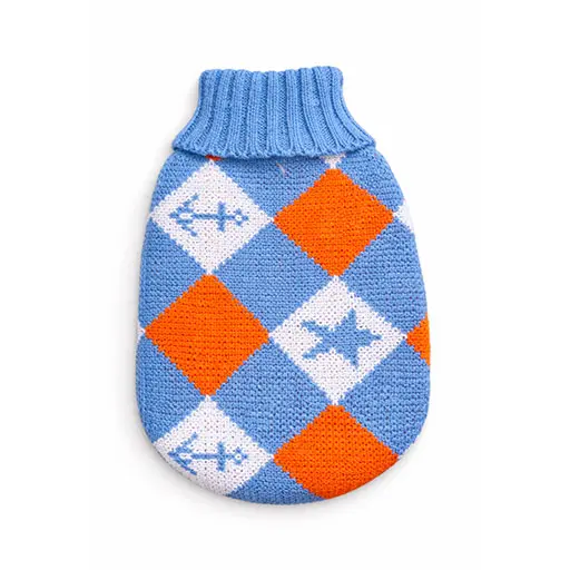 Argyle Knit Dog Sweater – Sky Blue, Orange & White
